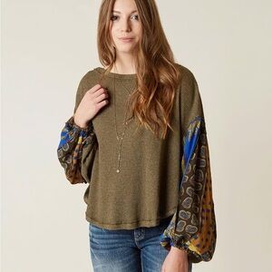 Free People Olive Top with Blue and Gold Sleeves